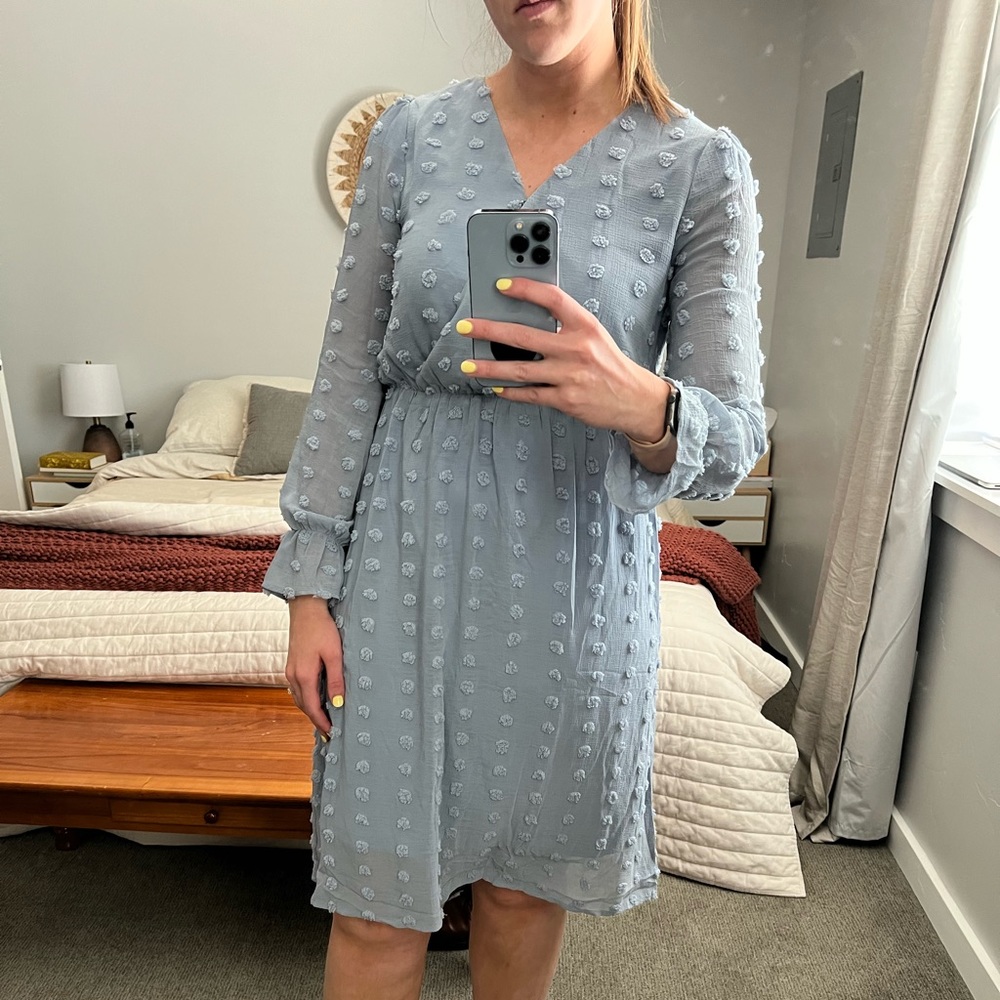Dusty blue Polgram midi dress with textured dots